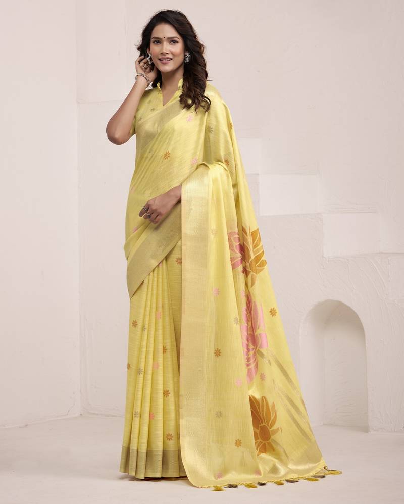 YELLOW soft linen saree with rich jacquard pallu