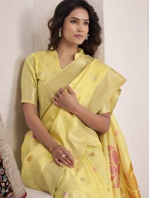 YELLOW soft linen saree with rich jacquard pallu 2