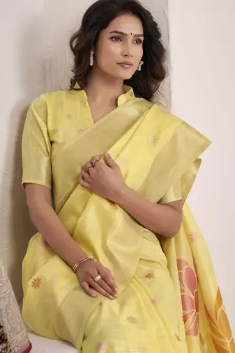 YELLOW soft linen saree with rich jacquard pallu