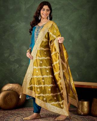 Floral embroidered viscose rayon round neck kurta trouser & dupatta set 1