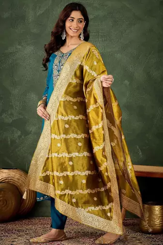 Floral embroidered viscose rayon round neck kurta trouser & dupatta set