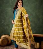 Floral embroidered viscose rayon round neck kurta trouser & dupatta set