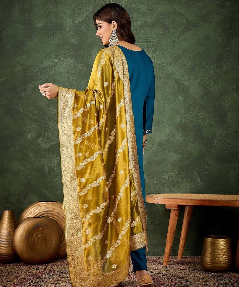 Floral embroidered viscose rayon round neck kurta trouser & dupatta set