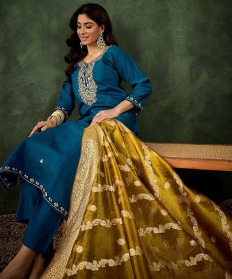 Floral embroidered viscose rayon round neck kurta trouser & dupatta set 3