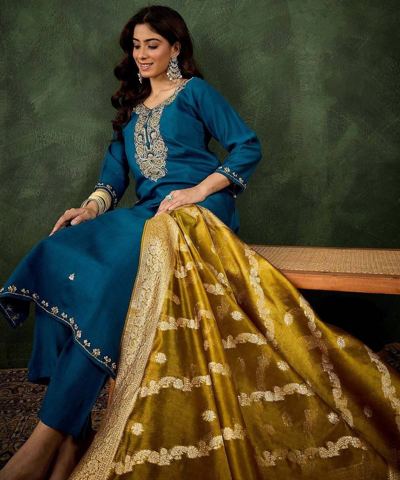 Floral embroidered viscose rayon round neck kurta trouser & dupatta set
