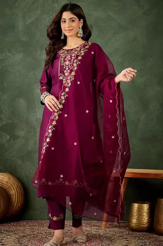 Floral embroidered silk blend round neck kurta trouser & dupatta set