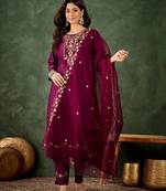 Floral embroidered silk blend round neck kurta trouser & dupatta set
