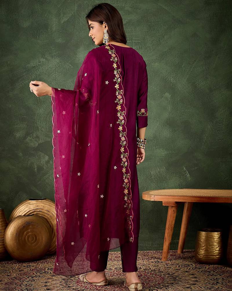 Floral embroidered silk blend round neck kurta trouser & dupatta set