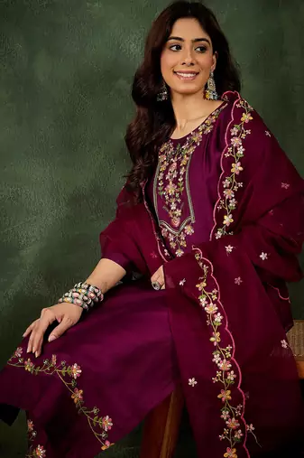 Floral embroidered silk blend blend round neck kurta trouser & dupatta set