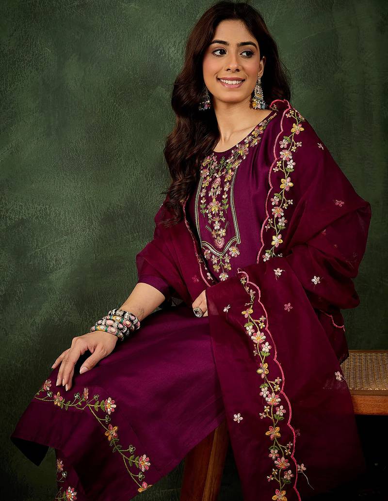 Floral embroidered silk blend round neck kurta trouser & dupatta set