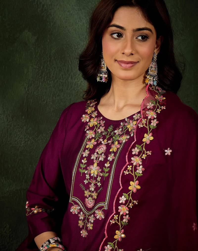 Floral embroidered silk blend round neck kurta trouser & dupatta set