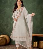 Floral embroidered silk blend v neck kurta trouser & dupatta set