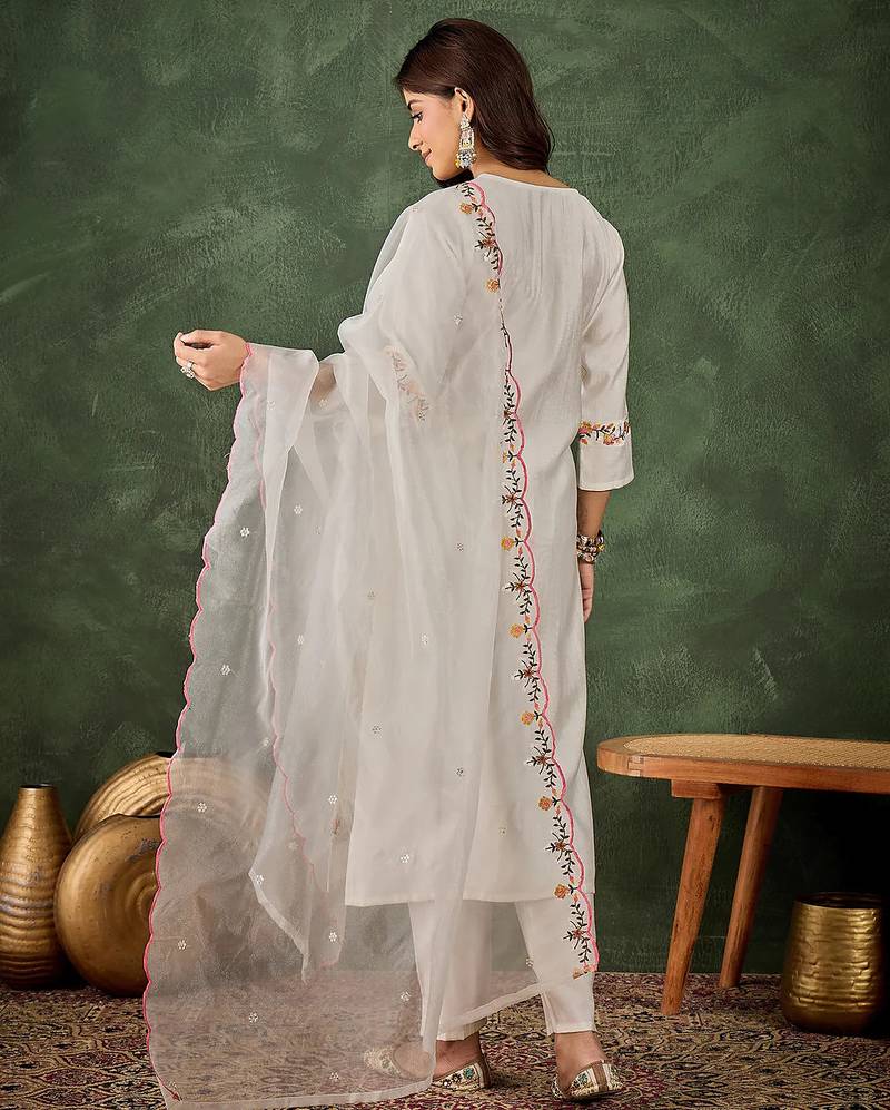 Floral embroidered silk blend v neck kurta trouser & dupatta set