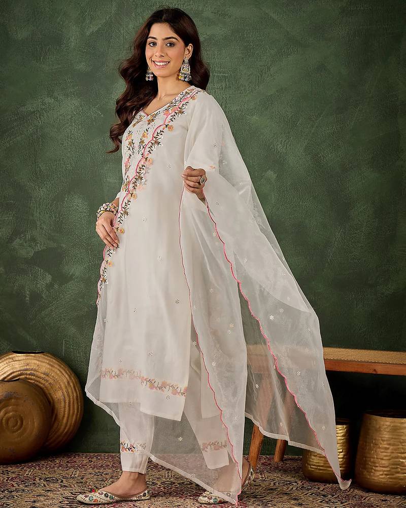 Floral embroidered silk blend v neck kurta trouser & dupatta set