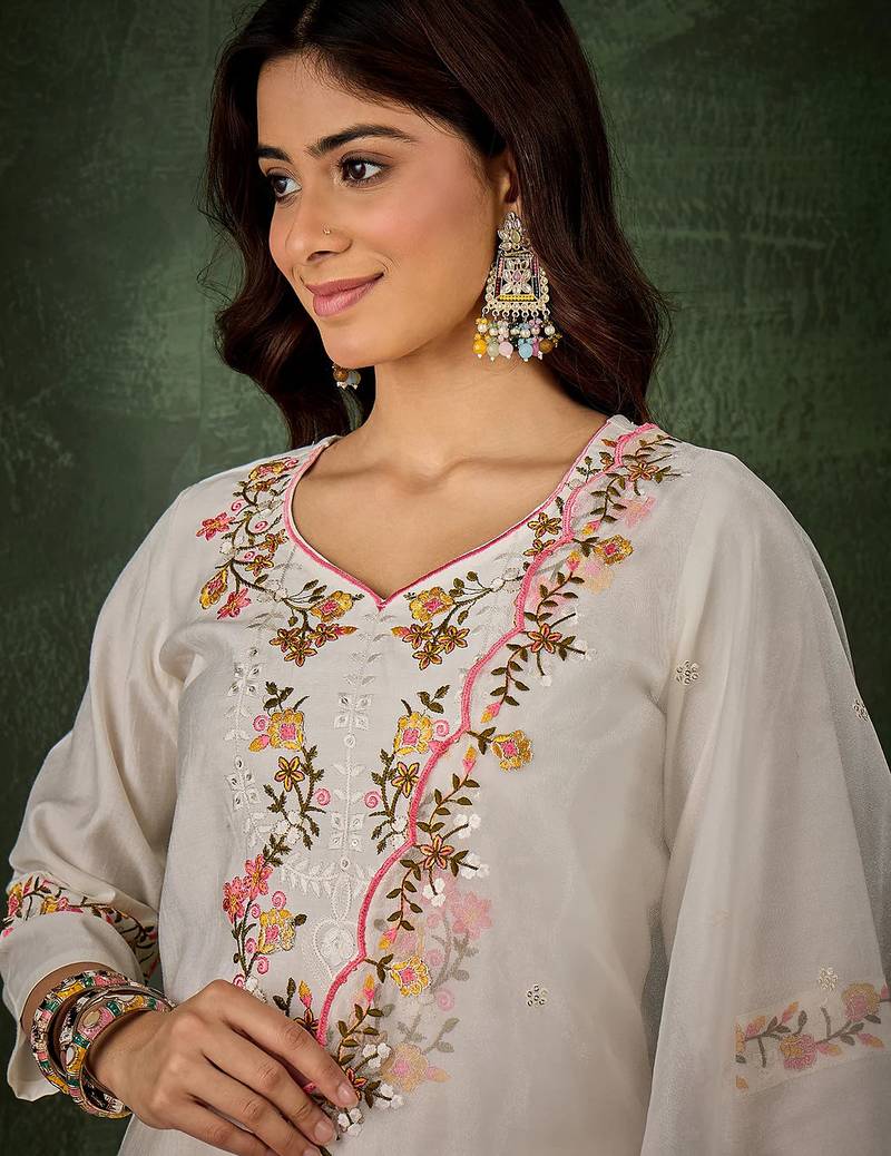 Floral embroidered silk blend v neck kurta trouser & dupatta set