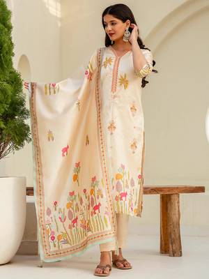 Floral embroidered silk blend v neck kurta trouser & dupatta set 1