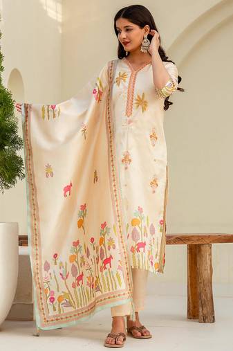 Floral embroidered silk v neck kurta trouser & dupatta set
