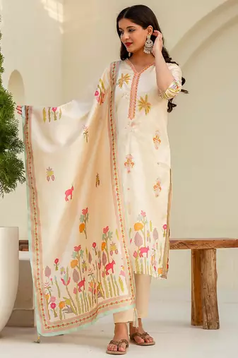 Floral embroidered silk v neck kurta trouser & dupatta set