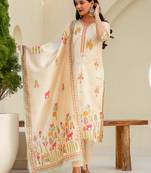 Floral embroidered silk v neck kurta trouser & dupatta set