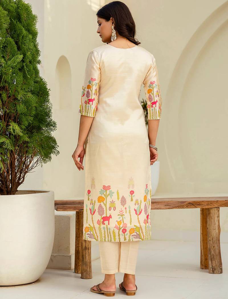Floral embroidered silk v neck kurta trouser & dupatta set