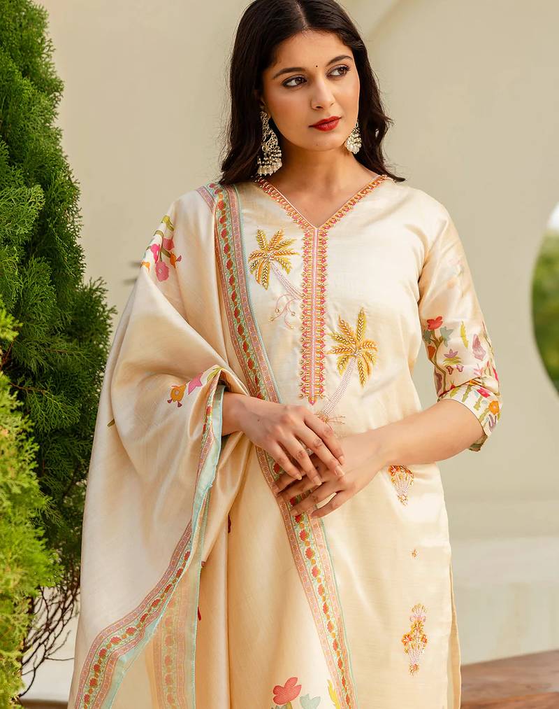 Floral embroidered silk v neck kurta trouser & dupatta set