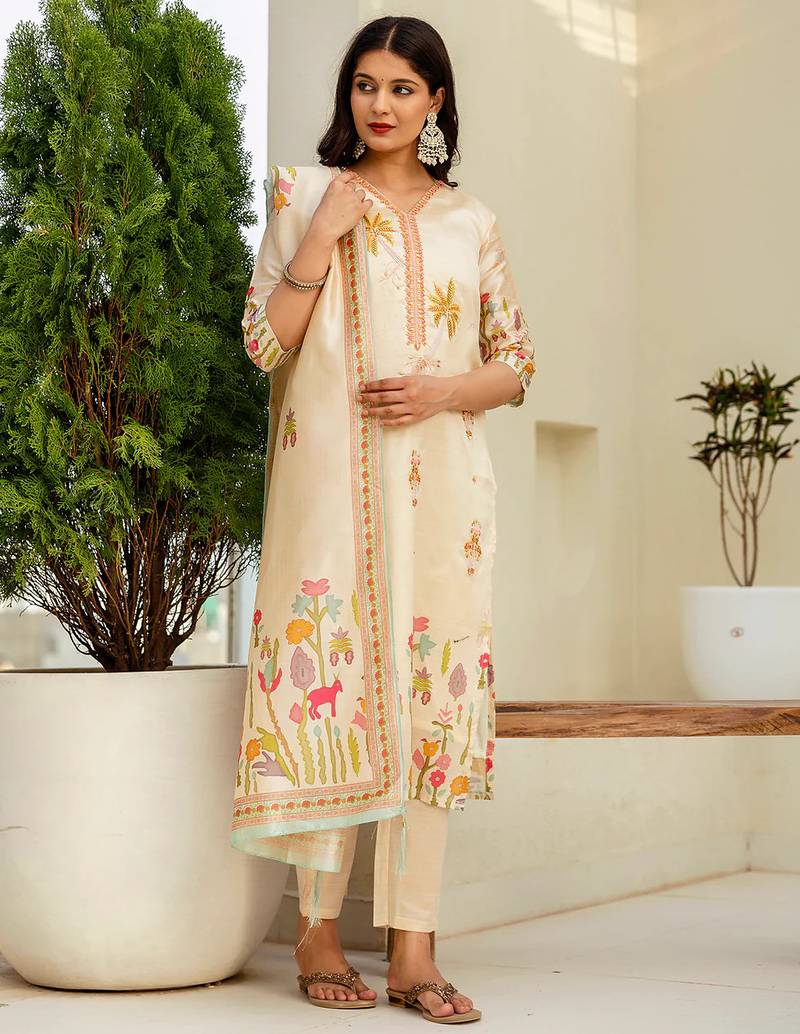 Floral embroidered silk v neck kurta trouser & dupatta set