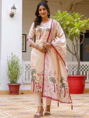 Floral embroidered silk blend v neck kurta trouser & dupatta set 1