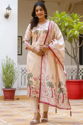 Floral embroidered silk v neck kurta trouser & dupatta set