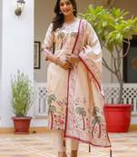 Floral embroidered silk v neck kurta trouser & dupatta set