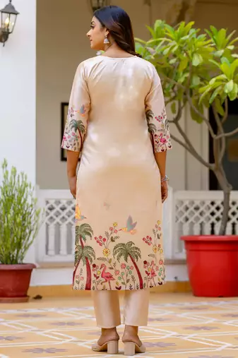 Floral embroidered silk blend v neck kurta trouser & dupatta set