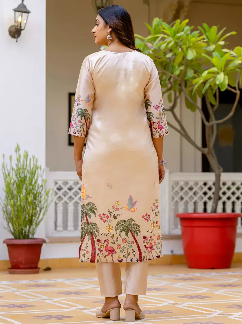 Floral embroidered silk v neck kurta trouser & dupatta set