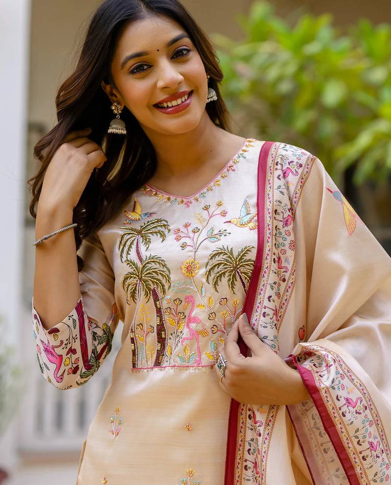 Floral embroidered silk v neck kurta trouser & dupatta set