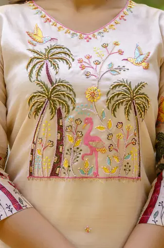 Floral embroidered silk blend v neck kurta trouser & dupatta set