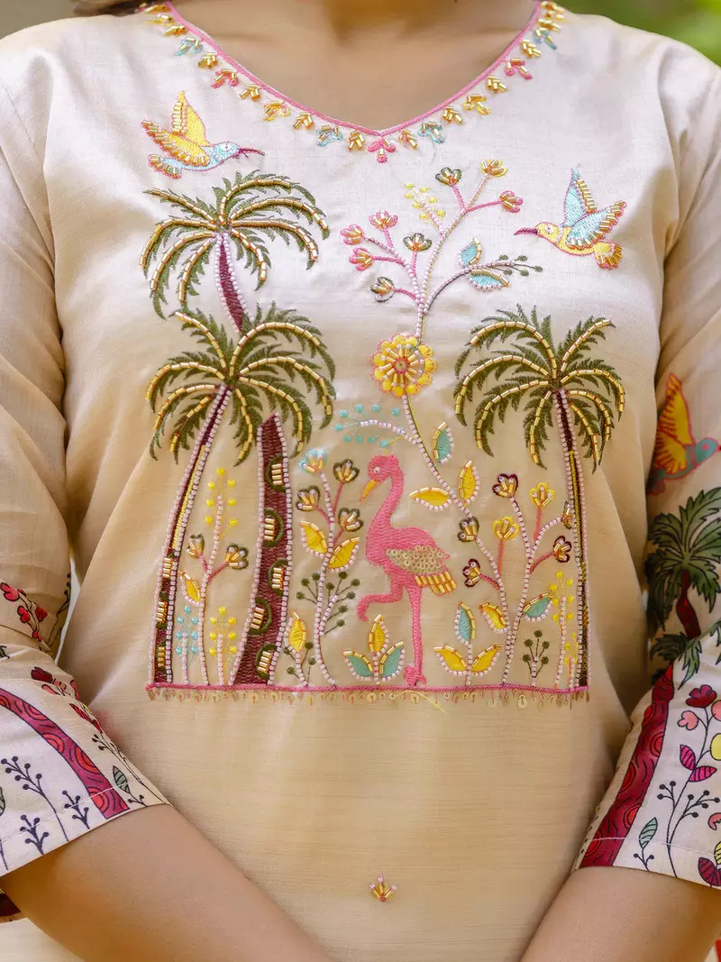 Floral embroidered silk v neck kurta trouser & dupatta set