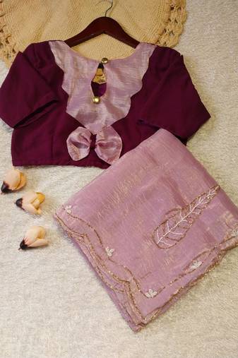 Light Pink Color handwork Silk Blend Saree