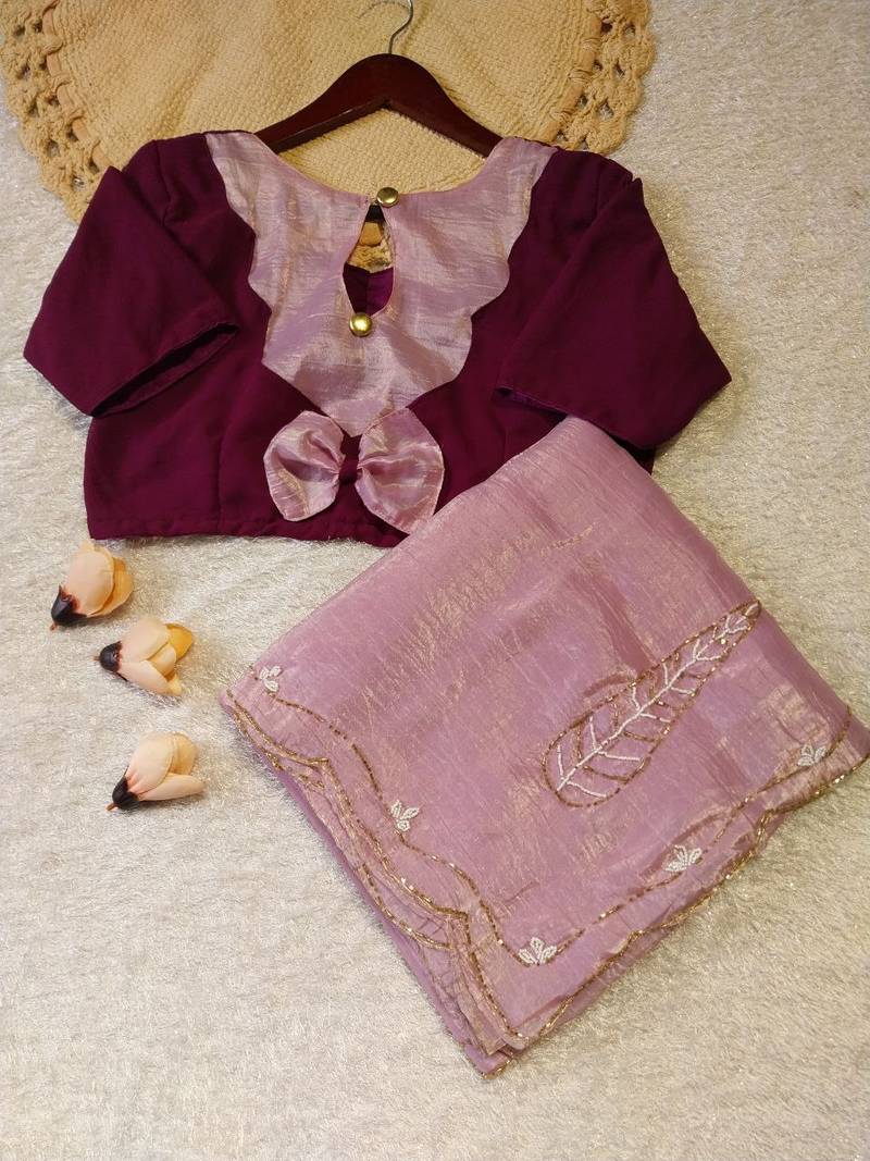 Light Pink Color handwork Silk Blend Saree