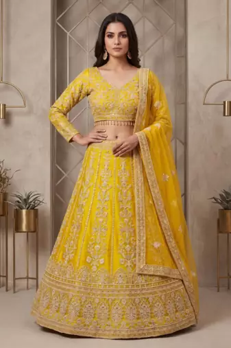 Mustard Yellow Designer Lehenga Choli with Heavy Embroidery & Net Dupatta