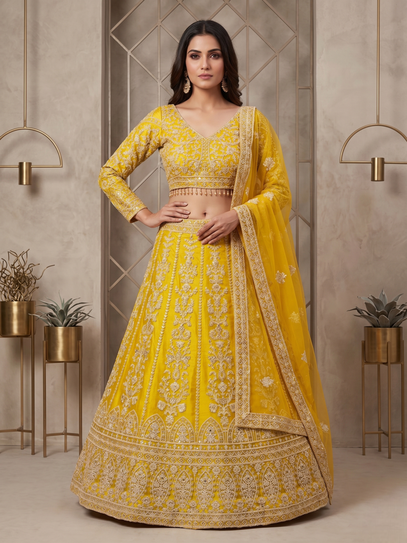 Mustard Yellow Designer Lehenga Choli with Heavy Embroidery & Net Dupatta