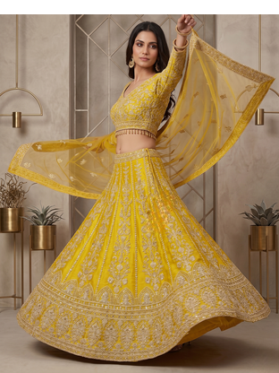 Mustard Yellow Designer Lehenga Choli with Heavy Embroidery & Net Dupatta 2