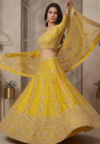 Mustard Yellow Designer Lehenga Choli with Heavy Embroidery & Net Dupatta