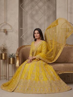 Mustard Yellow Designer Lehenga Choli with Heavy Embroidery & Net Dupatta 3