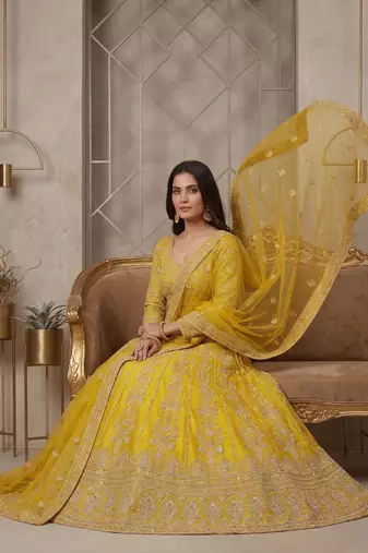 Mustard Yellow Designer Lehenga Choli with Heavy Embroidery & Net Dupatta