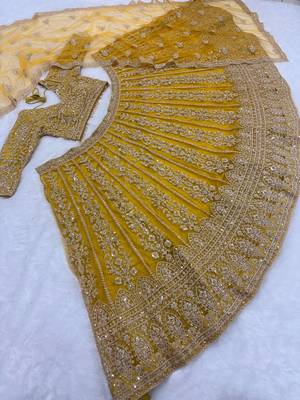 Mustard Yellow Designer Lehenga Choli with Heavy Embroidery & Net Dupatta 4