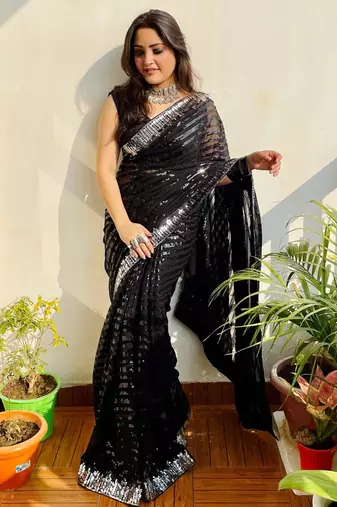 New Designer Georgette Fabric Embroidered Sequence Work Women's Saree With Blouse Set