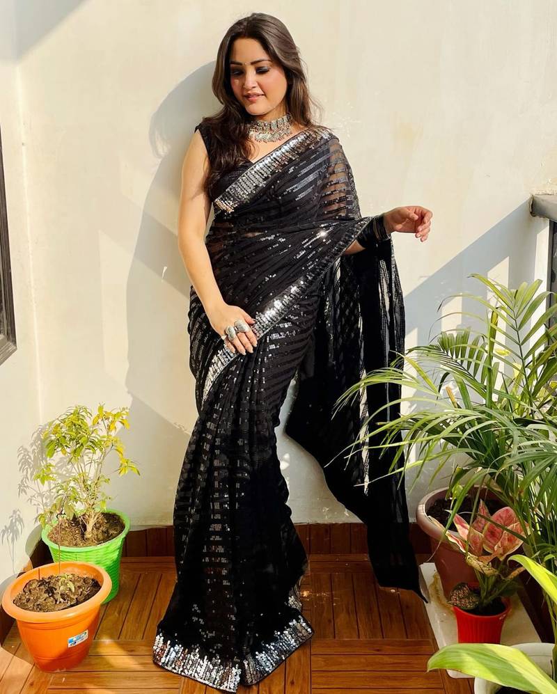 New Designer Georgette Fabric Embroidered Sequence Work Women's Saree With Blouse Set
