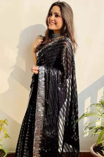 New Designer Georgette Fabric Embroidered Sequence Work Women's Saree With Blouse Set