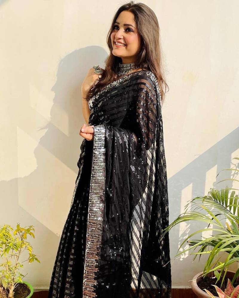 New Designer Georgette Fabric Embroidered Sequence Work Women's Saree With Blouse Set