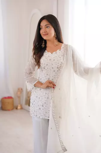 Designer chruchy silk embroidery and sequence work off white readymade salwar suit