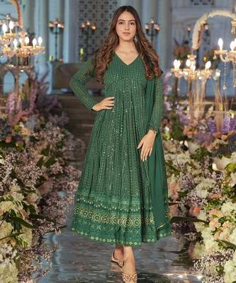 green embroidered zari sequin gown with dupatta 1