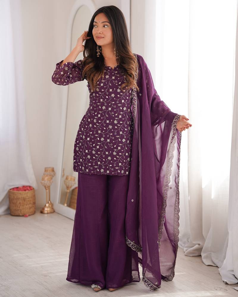 Designer chruchy silk embroidery and sequence work wine readymade salwar suit